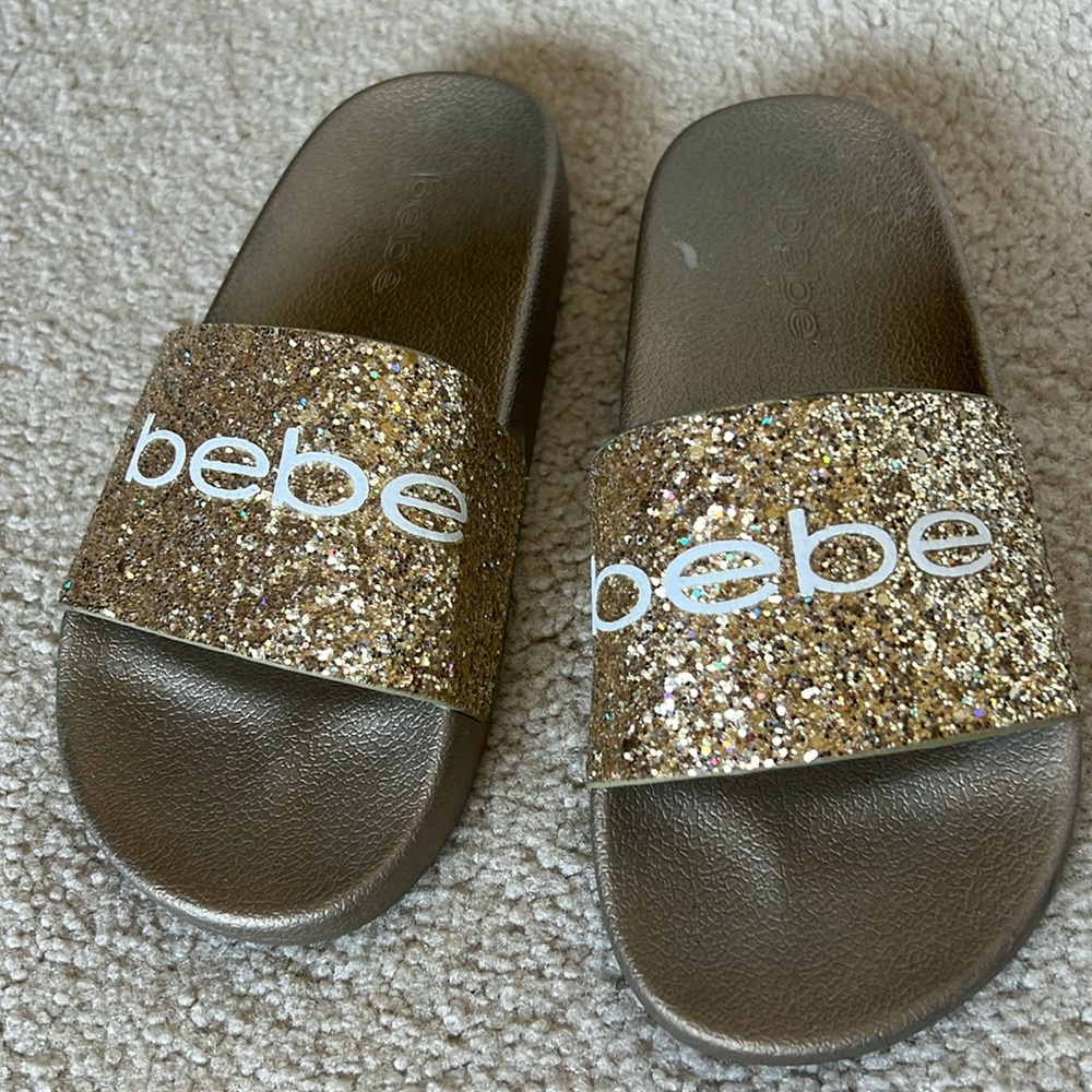 Bebe gold glitter slides. Size 7